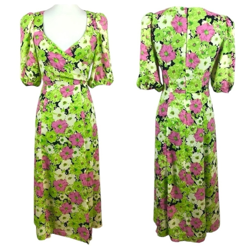 Wayf Neon Spring Floral Surplice Puff Sleeve Midi Dress